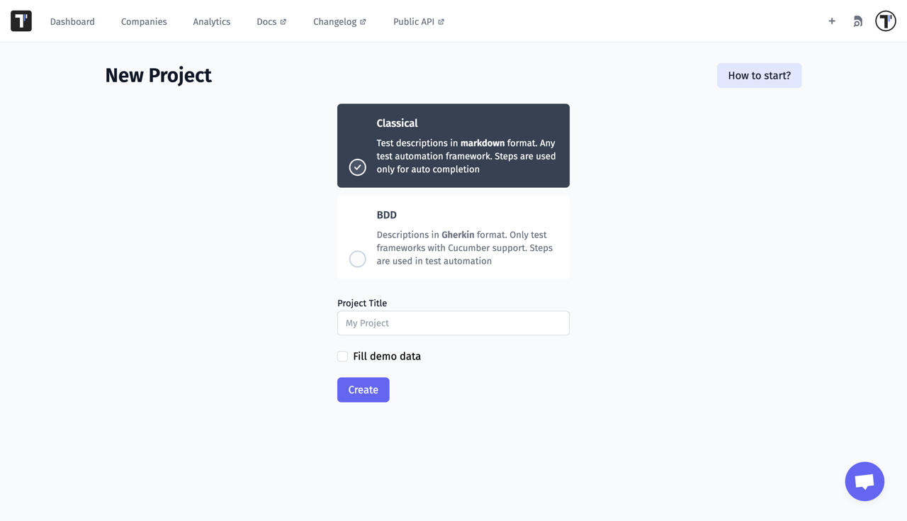Testomat.io - Select type of project