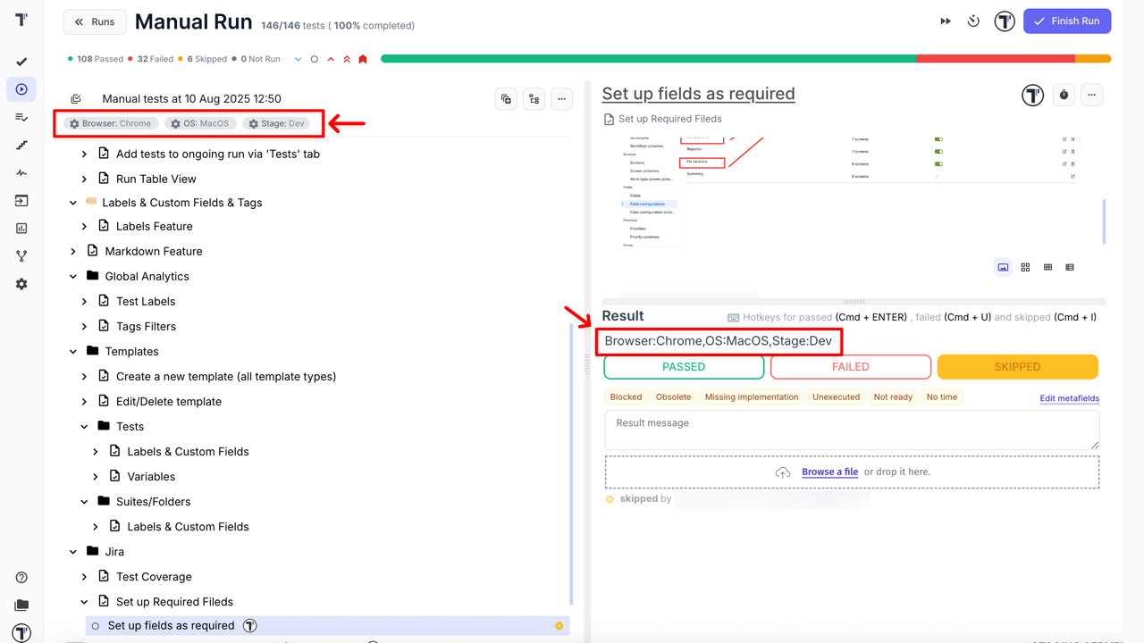 Launched run with test result
